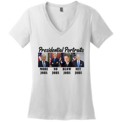 Funny Presidential Portraits Trump More Jobs Biden Nut Jobs Women's V-Neck T-Shirt
