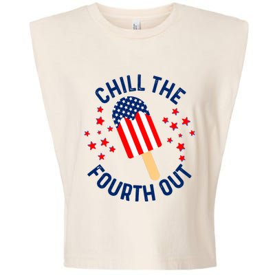 Funny Patriotic Popsicle American Flag Chill The Fourth Out Garment-Dyed Women's Muscle Tee