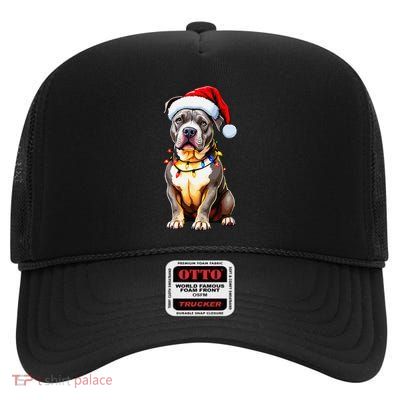 Funny Pitbull Pittie Santa Dog Lover Xmas Christmas Lights High Crown Mesh Back Trucker Hat
