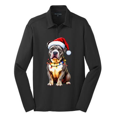 Funny Pitbull Pittie Santa Dog Lover Xmas Christmas Lights Silk Touch Performance Long Sleeve Polo