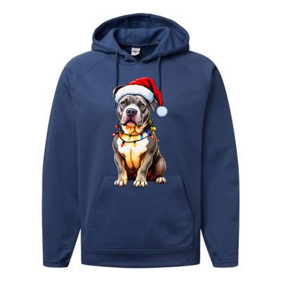 Funny Pitbull Pittie Santa Dog Lover Xmas Christmas Lights Performance Fleece Hoodie