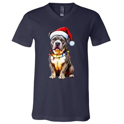 Funny Pitbull Pittie Santa Dog Lover Xmas Christmas Lights V-Neck T-Shirt