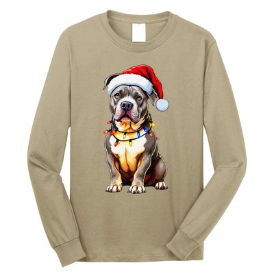 Funny Pitbull Pittie Santa Dog Lover Xmas Christmas Lights Long Sleeve Shirt