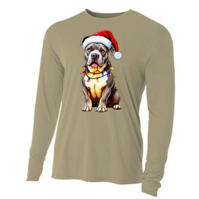 Funny Pitbull Pittie Santa Dog Lover Xmas Christmas Lights Cooling Performance Long Sleeve Crew