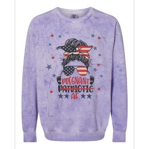 Funny Pregnant Patriotic Messy Bun Woman Colorblast Crewneck Sweatshirt