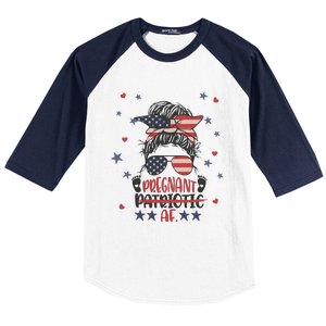 Funny Pregnant Patriotic Messy Bun Woman Baseball Sleeve Shirt