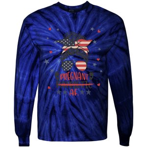 Funny Pregnant Patriotic Messy Bun Woman Tie-Dye Long Sleeve Shirt