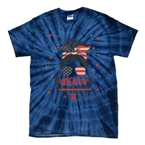 Funny Pregnant Patriotic Messy Bun Woman Tie-Dye T-Shirt