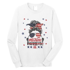 Funny Pregnant Patriotic Messy Bun Woman Long Sleeve Shirt