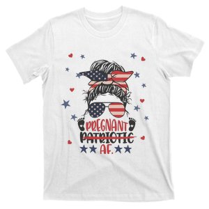 Funny Pregnant Patriotic Messy Bun Woman T-Shirt