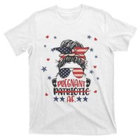 Funny Pregnant Patriotic Messy Bun Woman T-Shirt