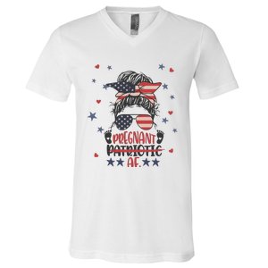 Funny Pregnant Patriotic Messy Bun Woman V-Neck T-Shirt