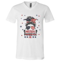 Funny Pregnant Patriotic Messy Bun Woman V-Neck T-Shirt