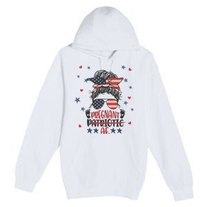 Funny Pregnant Patriotic Messy Bun Woman Premium Pullover Hoodie