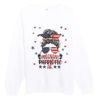 Funny Pregnant Patriotic Messy Bun Woman Premium Crewneck Sweatshirt