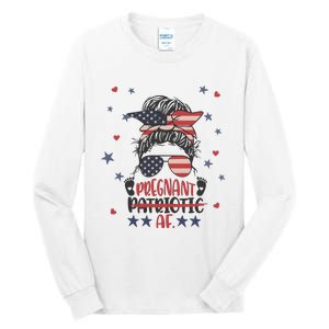 Funny Pregnant Patriotic Messy Bun Woman Tall Long Sleeve T-Shirt