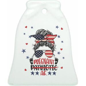 Funny Pregnant Patriotic Messy Bun Woman Ceramic Bell Ornament