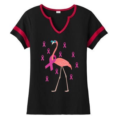 Flamingo Pink Ribbon Breast Cancer Awareness Survivor Ladies Halftime Notch Neck Tee