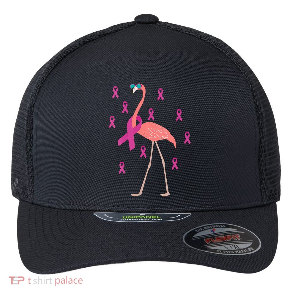 Flamingo Pink Ribbon Breast Cancer Awareness Survivor Flexfit Unipanel Trucker Cap