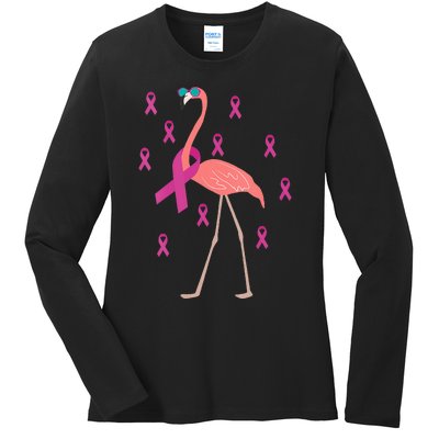 Flamingo Pink Ribbon Breast Cancer Awareness Survivor Ladies Long Sleeve Shirt