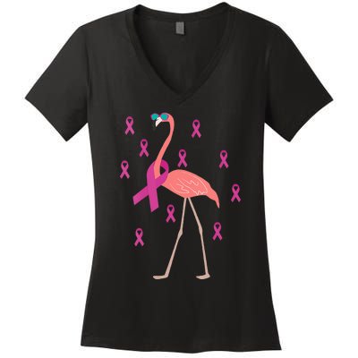 Flamingo Pink Ribbon Breast Cancer Awareness Survivor Women's V-Neck T-Shirt