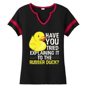 Funny Programmer Rubber Duck Debugging Ladies Halftime Notch Neck Tee