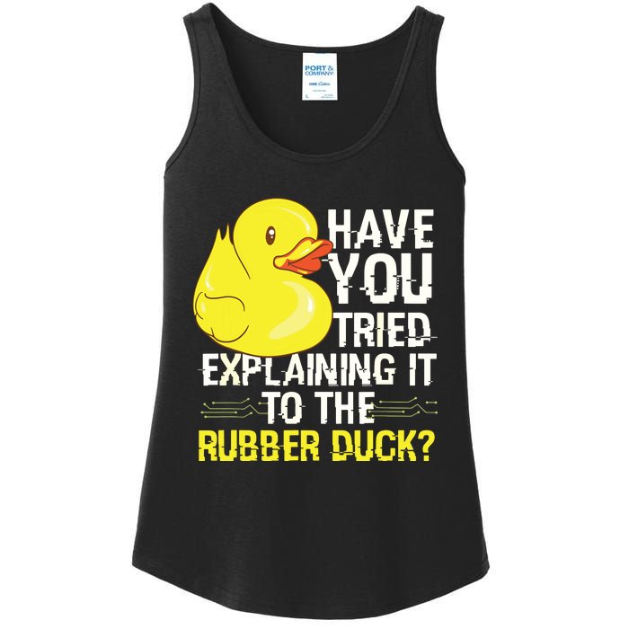 Funny Programmer Rubber Duck Debugging Ladies Essential Tank