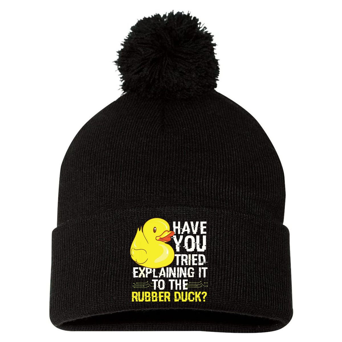 Funny Programmer Rubber Duck Debugging Pom Pom 12in Knit Beanie