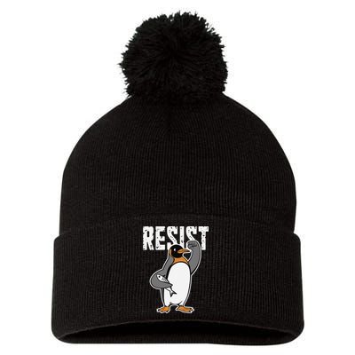 Funny Penguin Resist Penguins Protest Against Tariffs Pom Pom 12in Knit Beanie