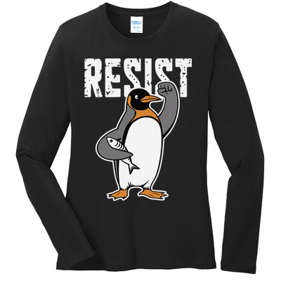 Funny Penguin Resist Penguins Protest Against Tariffs Ladies Long Sleeve Shirt