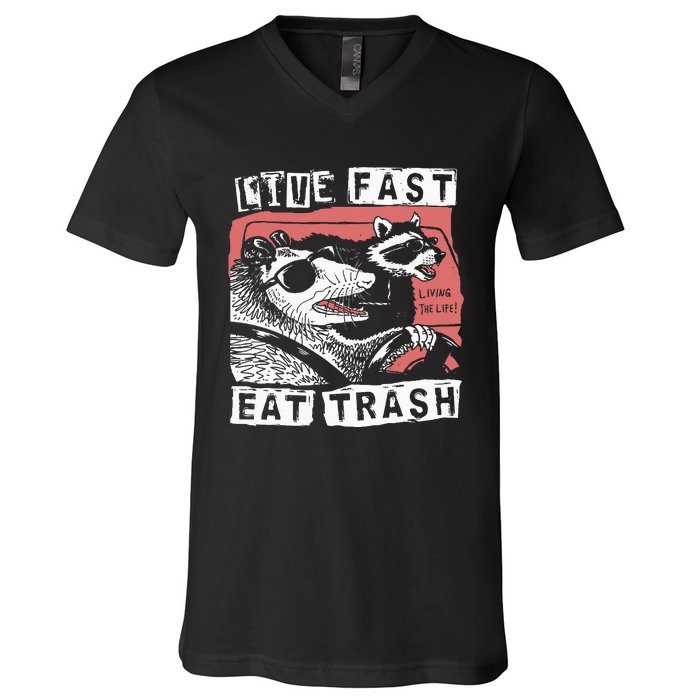 Funny Possum Raccoon Live Fast Eat Trash Street V-Neck T-Shirt