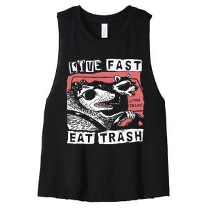 Funny Possum Raccoon Live Fast Eat Trash Street Women's Racerback Cropped Tank