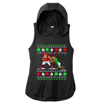 Football Player Reindeer Ugly Christmas Pajama Funny Xmas Ladies PosiCharge Tri-Blend Wicking Draft Hoodie Tank