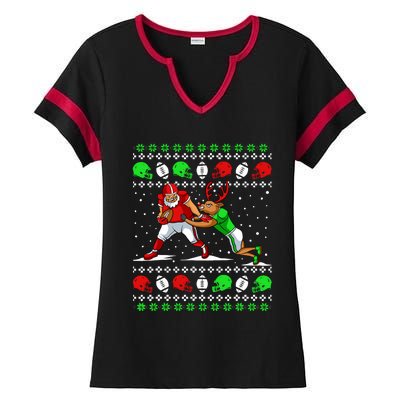 Football Player Reindeer Ugly Christmas Pajama Funny Xmas Ladies Halftime Notch Neck Tee