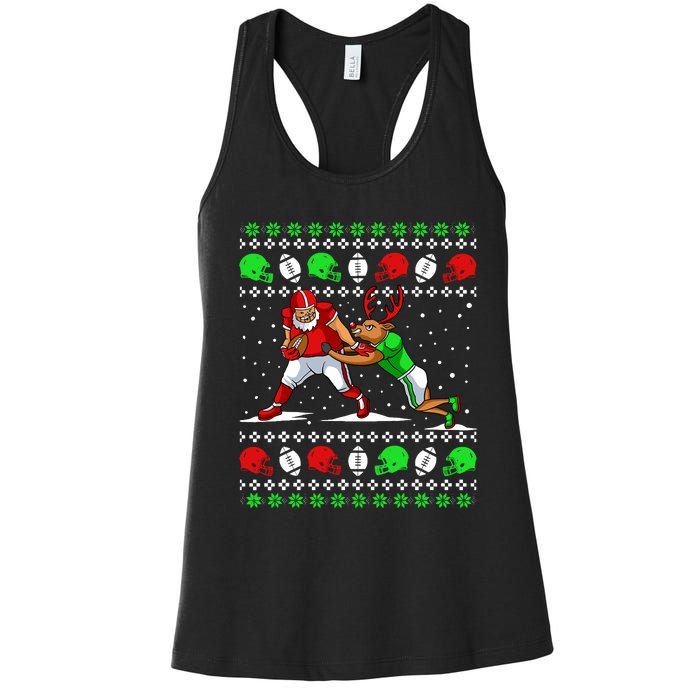 Football Player Reindeer Ugly Christmas Pajama Funny Xmas Women's Racerback Tank