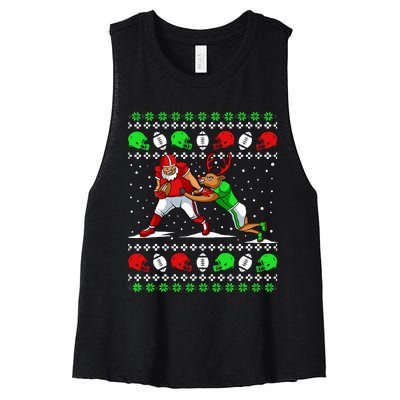 Football Player Reindeer Ugly Christmas Pajama Funny Xmas Women's Racerback Cropped Tank