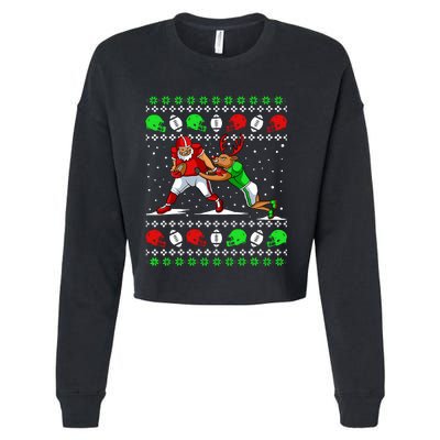 Football Player Reindeer Ugly Christmas Pajama Funny Xmas Cropped Pullover Crew