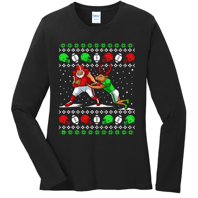 Football Player Reindeer Ugly Christmas Pajama Funny Xmas Ladies Long Sleeve Shirt