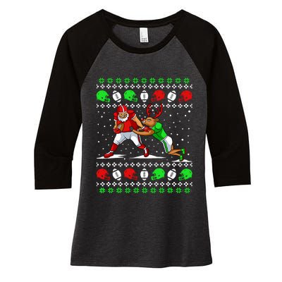 Football Player Reindeer Ugly Christmas Pajama Funny Xmas Women's Tri-Blend 3/4-Sleeve Raglan Shirt