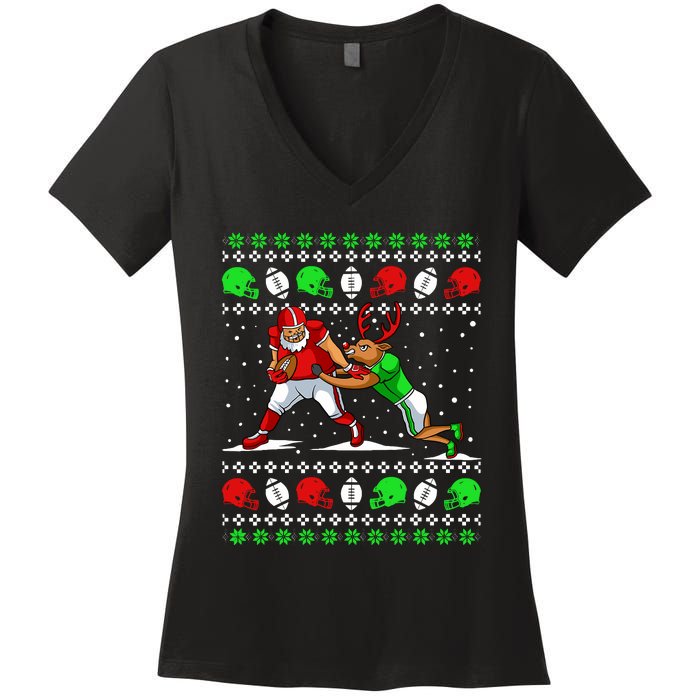 Football Player Reindeer Ugly Christmas Pajama Funny Xmas Women's V-Neck T-Shirt