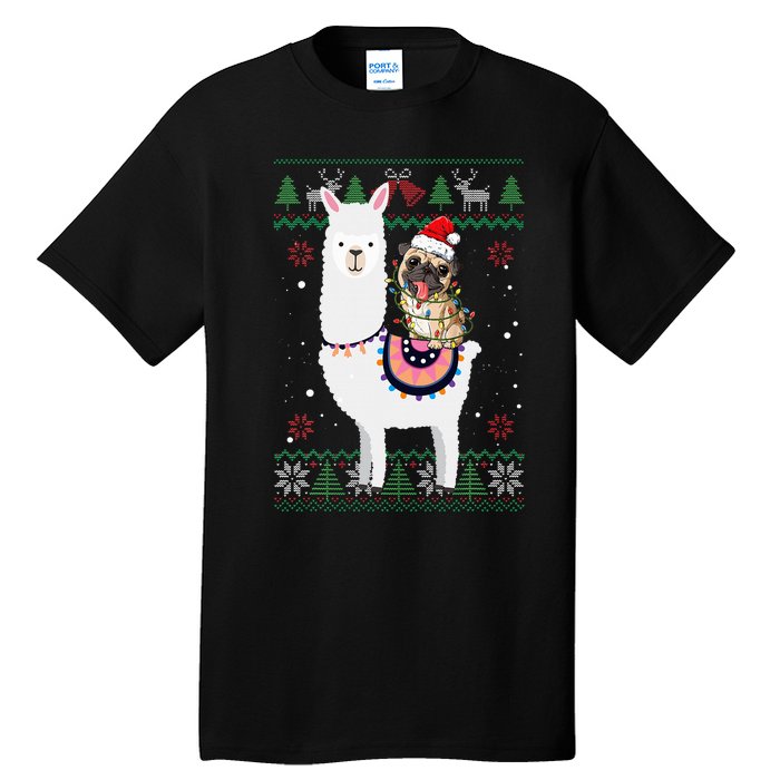 Funny Pug Riding Llama Christmas Gifts Pug Xmas ugly sweater Tall T-Shirt