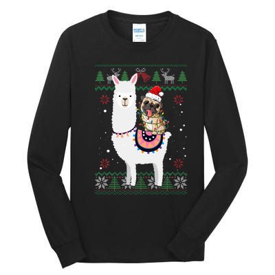 Funny Pug Riding Llama Christmas Gifts Pug Xmas ugly sweater Tall Long Sleeve T-Shirt