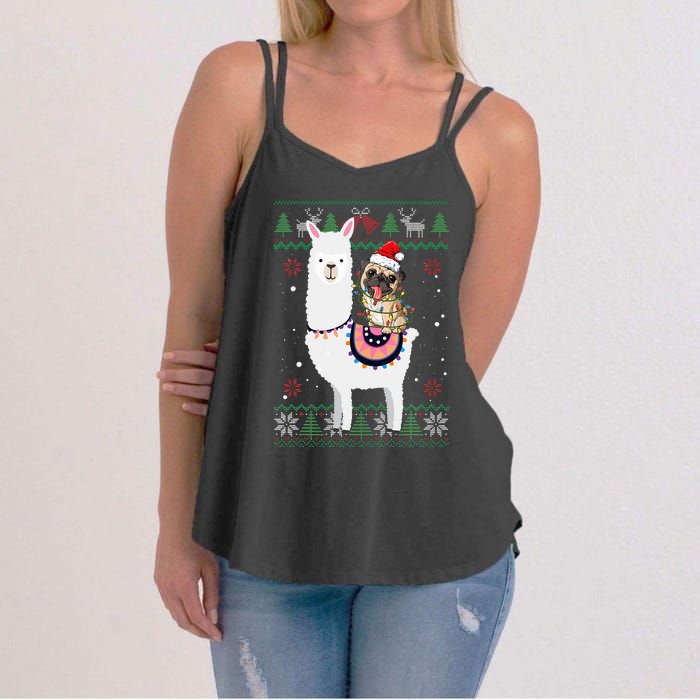 Funny Pug Riding Llama Christmas Gifts Pug Xmas ugly sweater Women's Strappy Tank