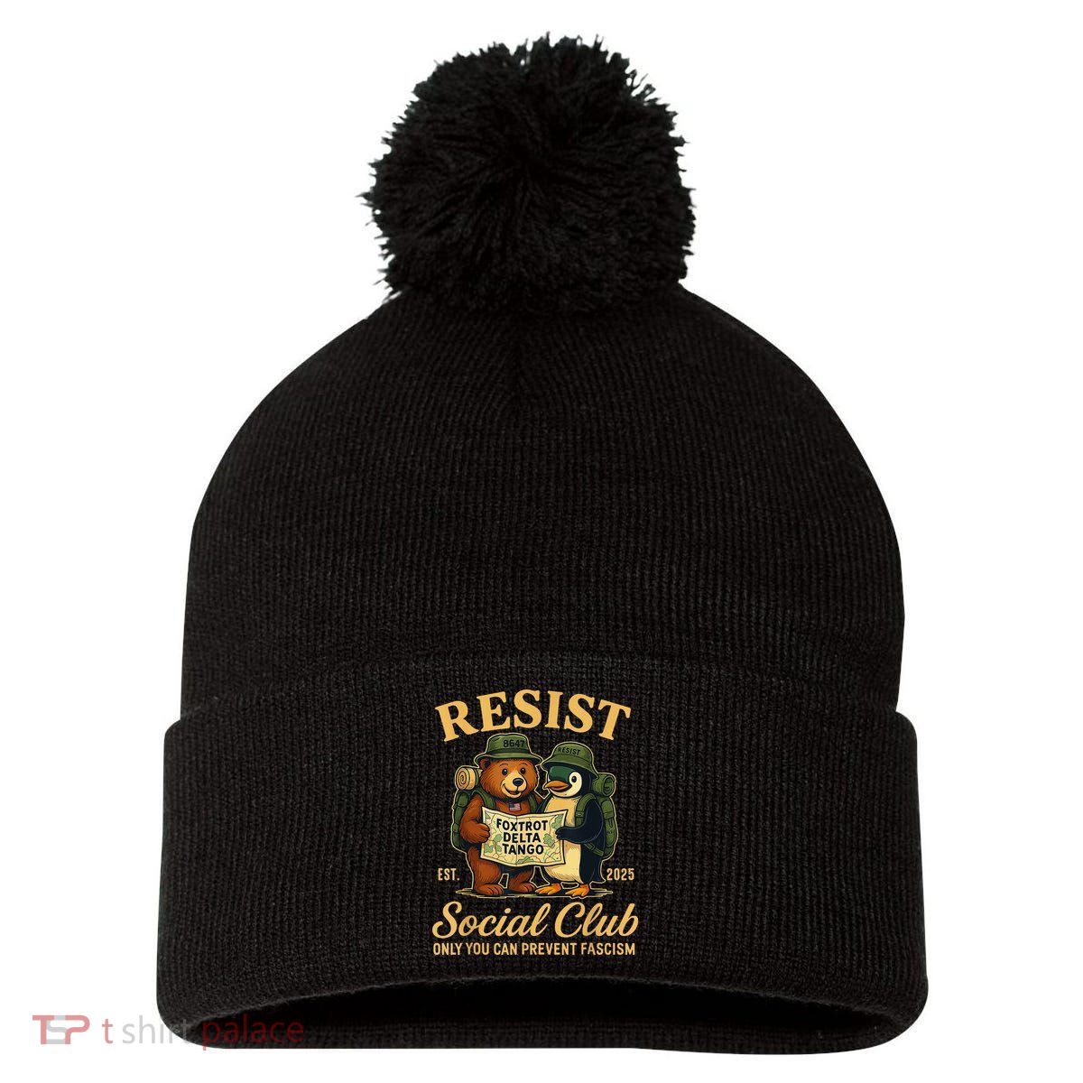 Funny Penguin Resist Penguins Protest Against Tariffs Pom Pom 12in Knit Beanie