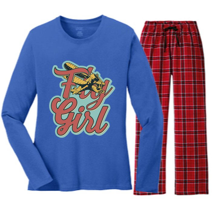 Fly Pilot Retro Vibe Biplane Flight Instructor Gift Women's Long Sleeve Flannel Pajama Set 