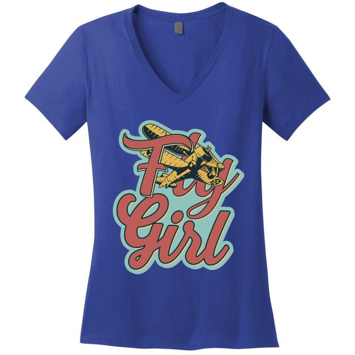 Fly Pilot Retro Vibe Biplane Flight Instructor Gift Women's V-Neck T-Shirt