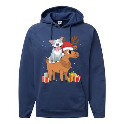 Funny Pitbull Riding Deer Matching Xmas Gifts Performance Fleece Hoodie