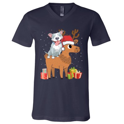 Funny Pitbull Riding Deer Matching Xmas Gifts V-Neck T-Shirt