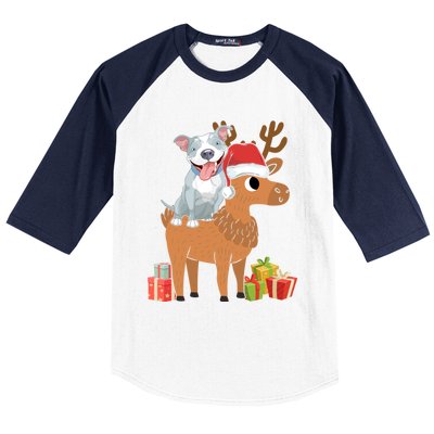 Funny Pitbull Riding Deer Matching Xmas Gifts Baseball Sleeve Shirt