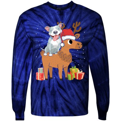 Funny Pitbull Riding Deer Matching Xmas Gifts Tie-Dye Long Sleeve Shirt